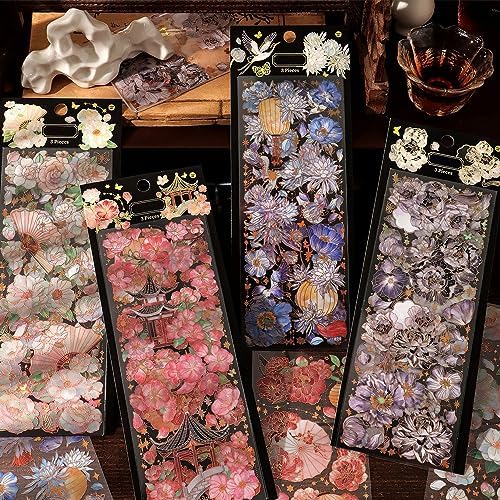 コラージュ素材 シール フレーク 透明 箔押し 防水 花 キラキラ アクリル 防水ステッカー シール フレークシール ステッカー フレーム 透かし彫り 背景紙 和風 おしゃれ 素材紙 四季の花（合計4