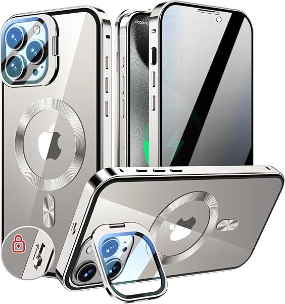 【レンズ保護・スタンド+覗き見防止+Mag Safe対応 】 i Phone 15 Pro ケース 全面保護 隠しスタンド マグネット カバー ストラップホール 透明 背面 メタルフレーム ワイヤレス