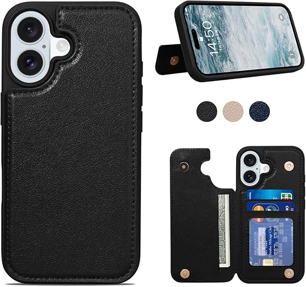 i Phone 16 ケース 背面 手帳型 カード 手帳型ケース スマホケース ICカード収納 カードケース プレゼント マグネット おしゃれ ファッション 6.1インチ 対応 ブラック【スマホへの全