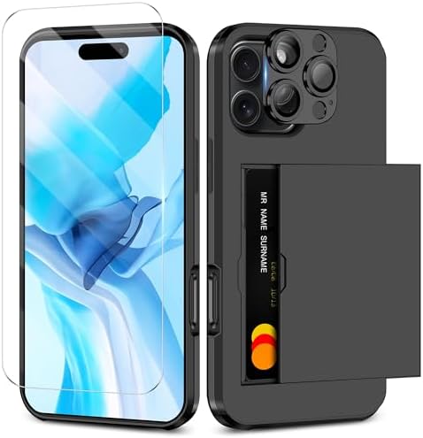 i Phone 16 Pro ケース カード 収納 背面 カード入れ 手帳型 ガラスフィルム付き カメラレンズカバー保護付き カバー 耐衝撃 落下防止 全面保護 指紋防止 擦り傷防止 画面レンズ保護 