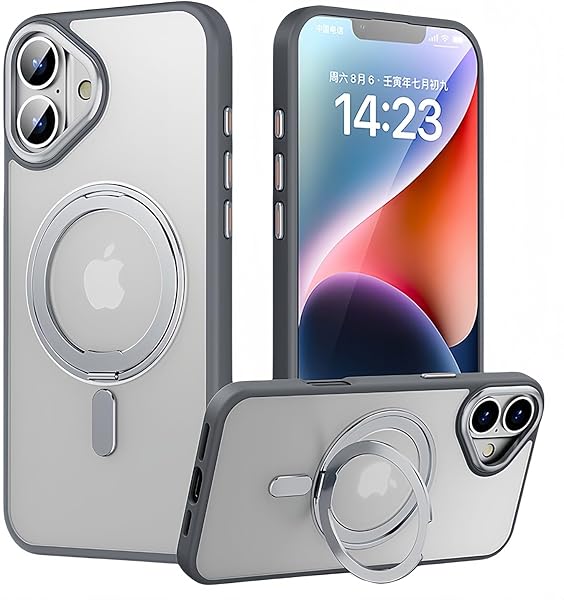 i Phone 16 ケース 360度回転 スタンド Mag Safe対応 アイフォン16 カバー ワイヤレス充電 携帯ケース リング 半透明 マグセーフ 軽量 スマホケース グレー商品の説明 対応モ