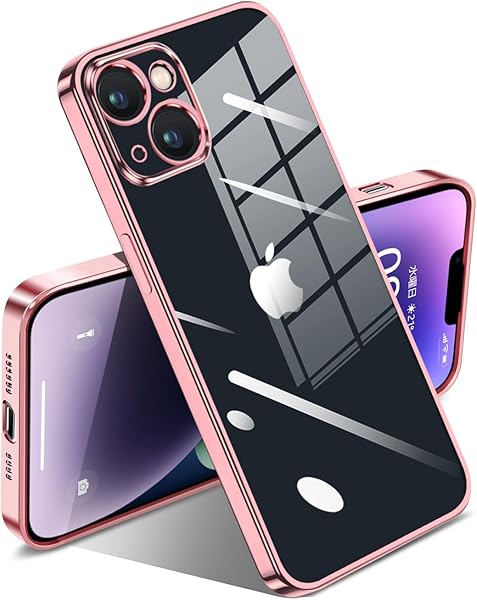 i Phone 14 ケース クリア 耐衝撃 透明 アイフォン14 カバー メッキ加工 変色防止 落下防止 ファッション 薄型 軽量 TPU ソフト ワイヤレス充電 人気 保護カバー ローズゴールド※