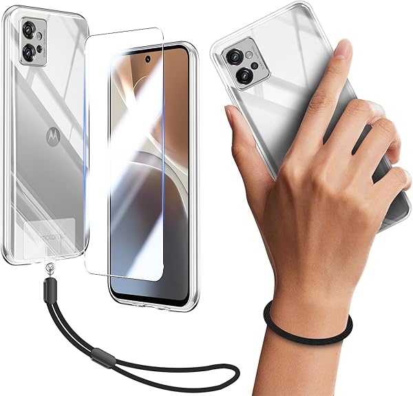 Moto G32 ケース クリア Moto G32 カバー TPU 保護ケース カバー背面 + Moto G32 ガラスフィルム フィルム 強化ガラス 硬度9H 高透過率 飛散防 + ショート ストラ