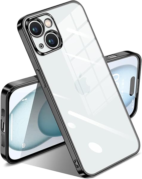 i Phone 15 ケース クリア 耐衝撃 透明 アイフォン15 カバー メッキ加工 変色防止 落下防止 ファッション 薄型 軽量 TPU ソフト ワイヤレス充電 人気 保護カバー ブラック※Pro