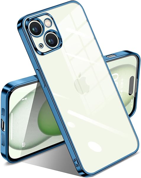i Phone 15 ケース クリア 耐衝撃 透明 アイフォン15 カバー メッキ加工 変色防止 落下防止 ファッション 薄型 軽量 TPU ソフト ワイヤレス充電 人気 保護カバー ブルー※Prod
