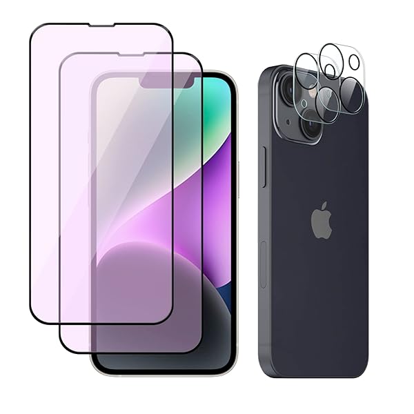 [4枚入り] i Phone14 ブルーライトカット ガラスフィルム (2枚) + レンズ保護フィルム (2枚) 目の疲労軽減 強化ガラス 9H硬度 3D全面保護 飛散防止 液晶保護フィルム i Ph