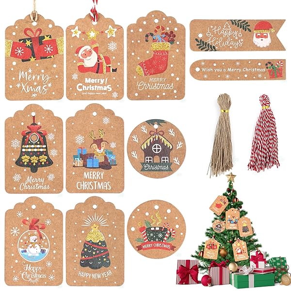 クリスマスタグ ギフトタグ クリスマス カード 糸付き 吊り 下げ札 長方形 110枚入り ラッピングタグ プレゼント ラベル 飾り クラフトタグ メッセージカード クリスマスツリープ用 ギフト用 /