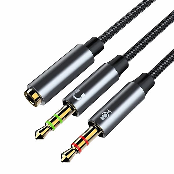 3.5mm 4極3極 変換ケーブル 4極 (メス) -3極 (オス*2) マイク ステレオ Hi-Fi 音質多重シール ド高耐久 ナイロン編み 24Kメッキ コネクタ マイク入力 イヤホン出力プラグ 
