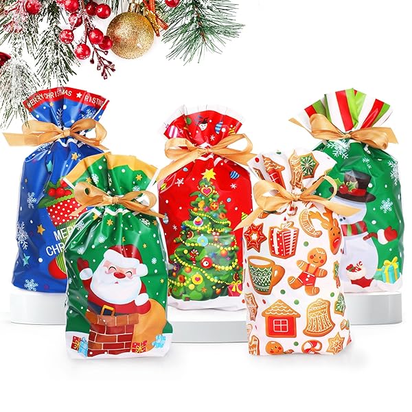 クリスマス ラッピング 袋 50枚セット 巾着袋 ギフトラッピング プレセント袋 リボン付き お菓子 袋 グリーティングバッグ ポリ袋 プラスチック商品の説明 特徴: 1. クリスマスの記念品バッグに
